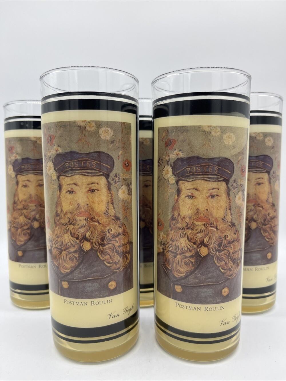 Set of 5 Mid Century Impressionist Drinking Highball Postman Roulin Glasses
